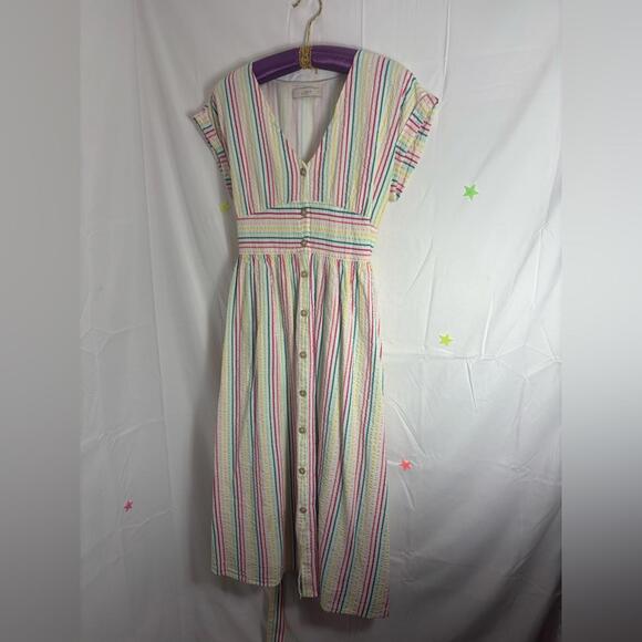 Pastel Striped Short Sleeve Textured Button Down+Tie Modest Femme Dress Size M - Picture 12 of 12